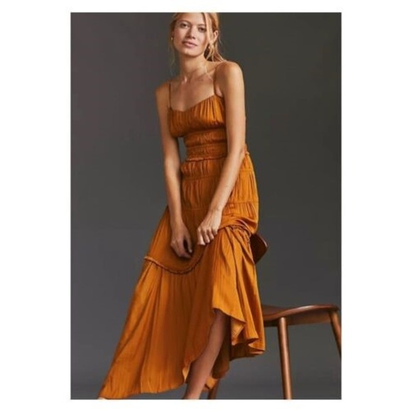 Anthropologie Dresses & Skirts - Anthropologie Women’s Sz 12 Ruched Tiered Midi Pleated Satin Slip Dress Gold NEW